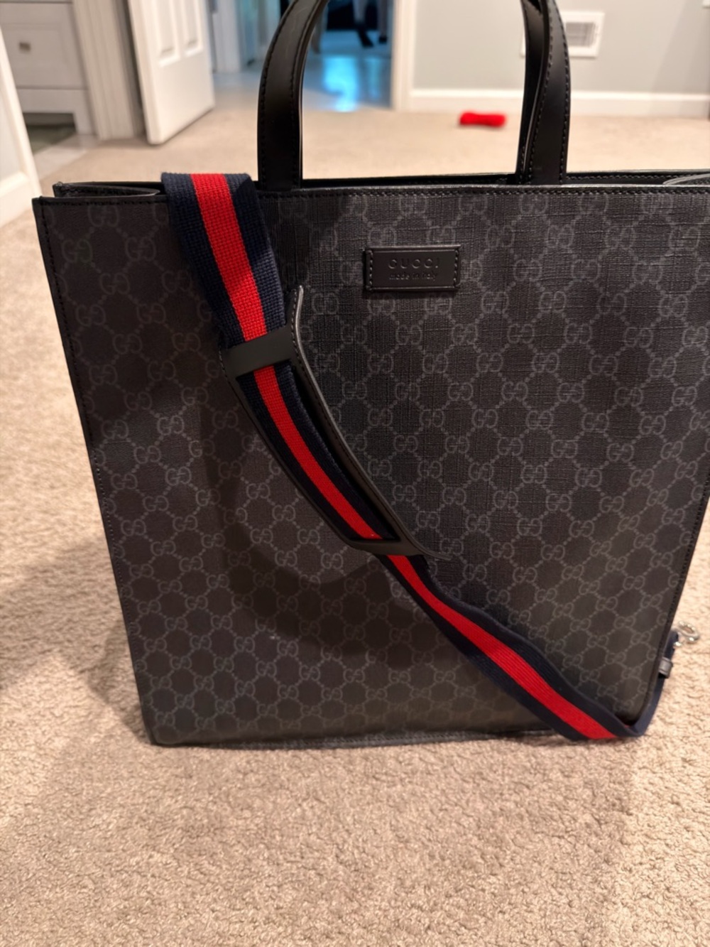 Gucci Black/Gray Monogram Messenger Tote with Red-Blue Web Strap
